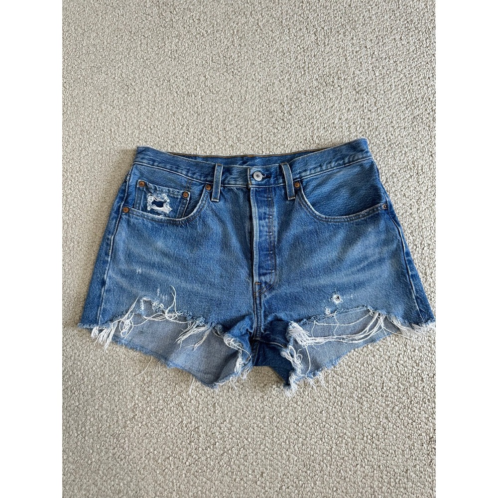 Levis 501 Original Distressed Denim Shorts Size 31 Blue Cut Off Button Fly